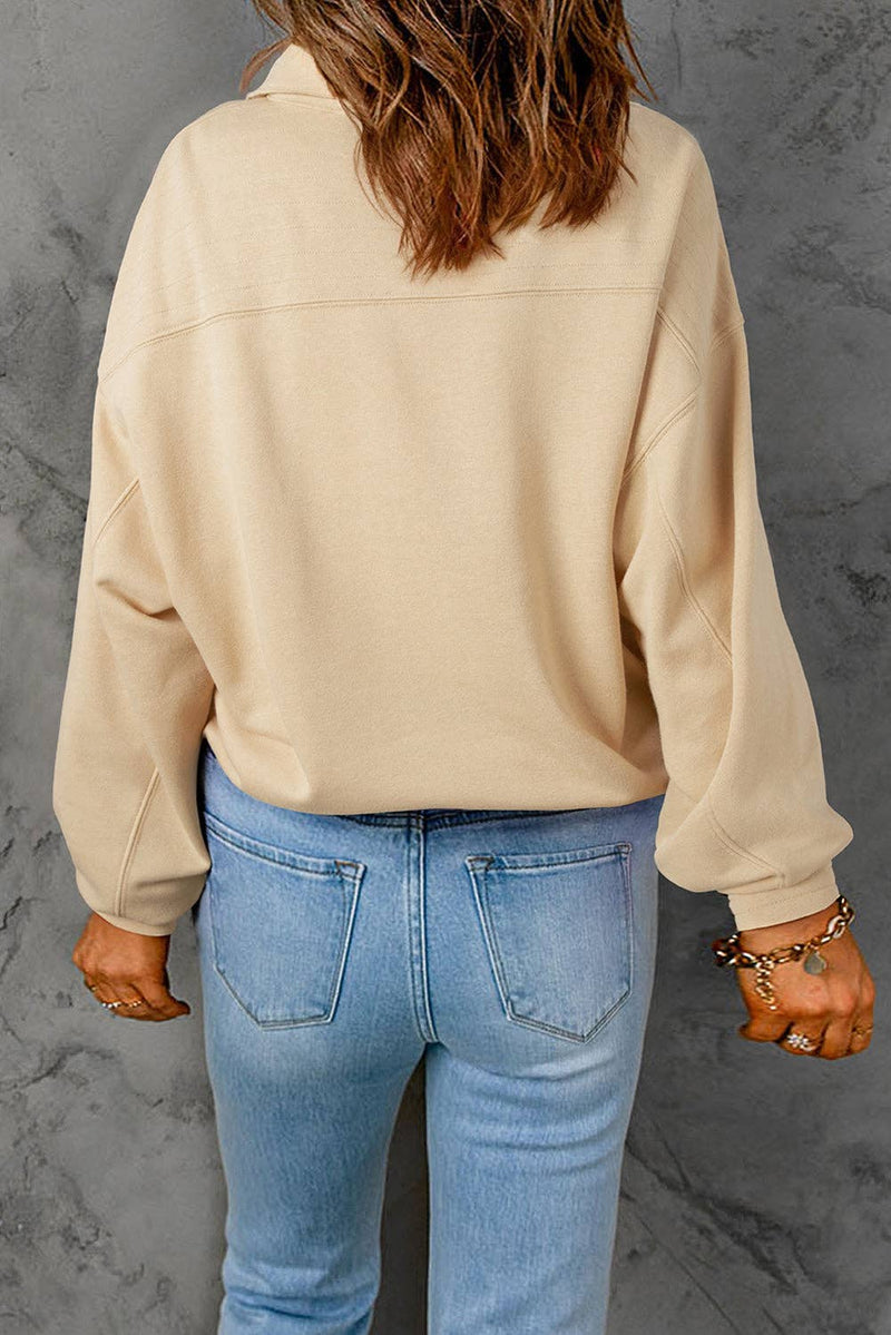 HUNTIQUE | Beige | Vintage Mineral Wash Half Button Collared Sweatshirt