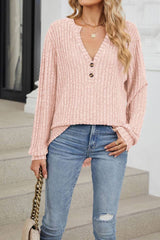 HUNTIQUE | Pink | Ribbed Knitting V Neck Button Long Sleeve