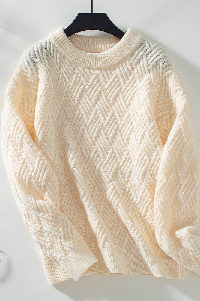 HUNTIQUE | Beige | Vintage Style Cable Round Neck Knit Sweater