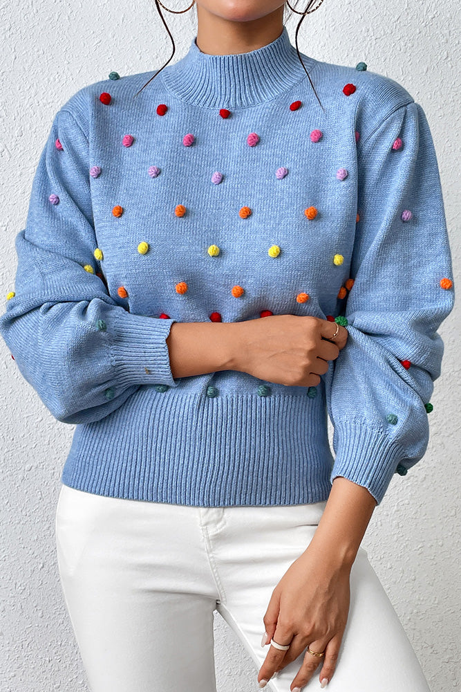 Blue | HUNTIQUE Colorful Pom Knit Puff Sweater