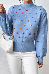 Blue | HUNTIQUE Colorful Pom Knit Puff Sweater