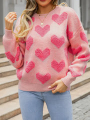 Pink Heart Knitting Pullover Sweater