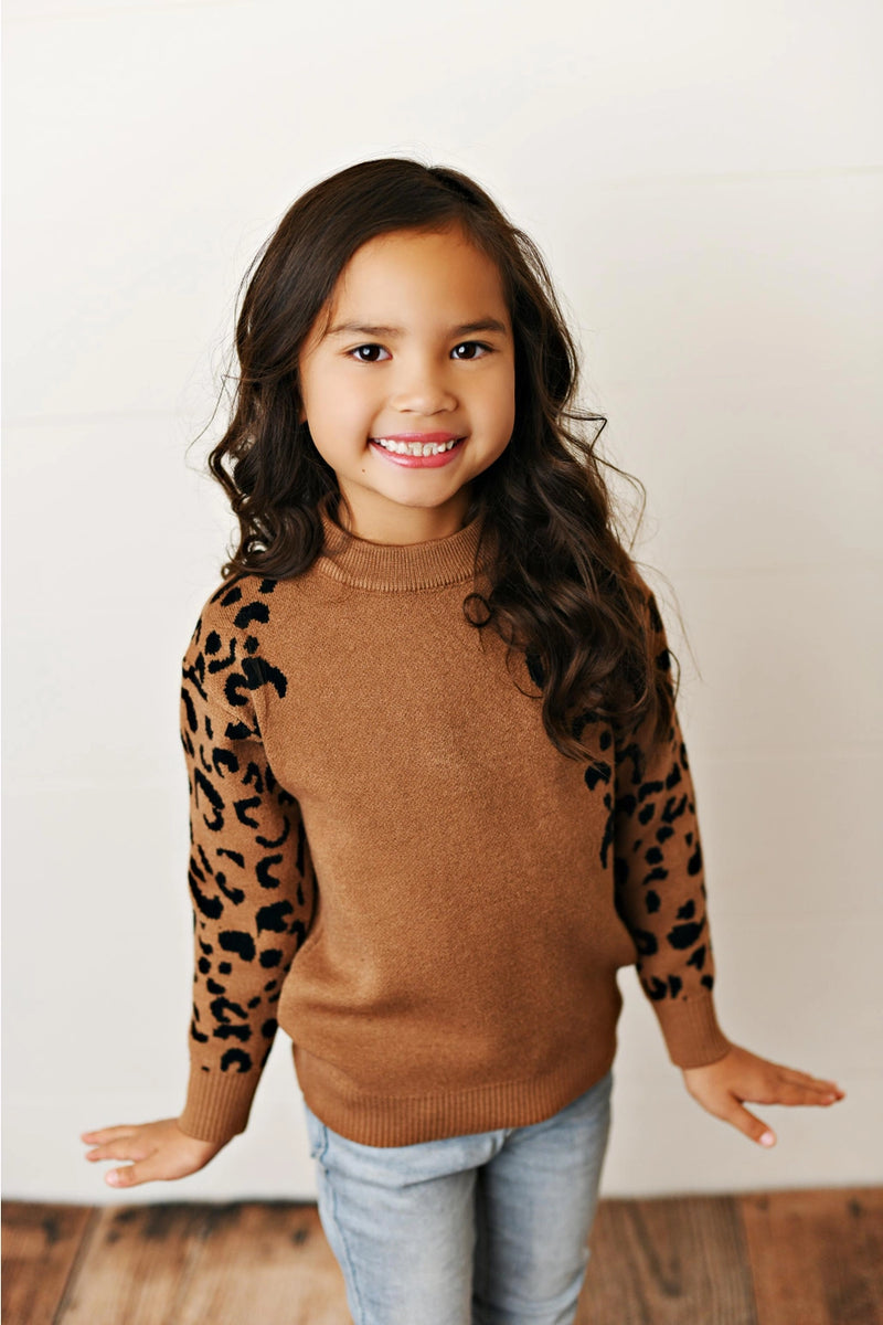 Kids Brown Leopard Print Crew Neck Fall Winter Sweater
