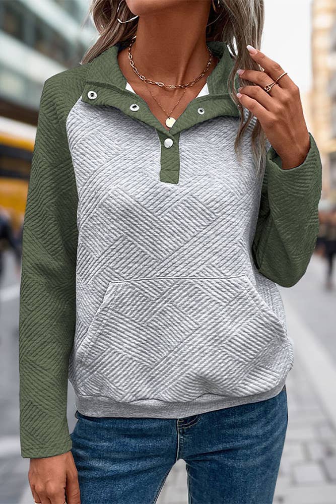 HUNTIQUE | Army Green | Fall Colorblock Kangaroo Pockets Sweatshirt