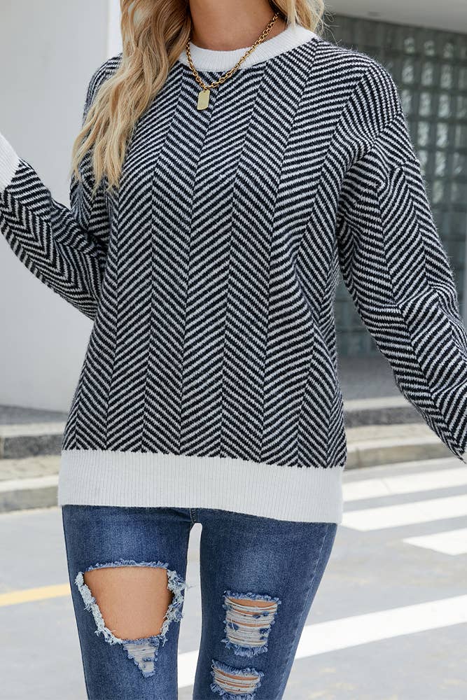 HUNTIQUE | Black | Wave Striped Two Tone Knit Sweater