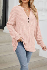 HUNTIQUE | Pink | Ribbed Knitting V Neck Button Long Sleeve