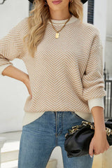 HUNTIQUE | Beige | Wave Striped Two Tone Pullover Knit Sweater