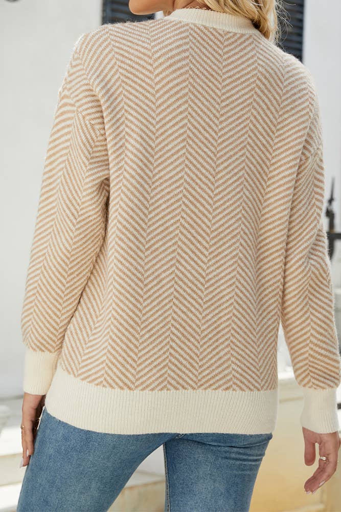 HUNTIQUE | Beige | Wave Striped Two Tone Pullover Knit Sweater