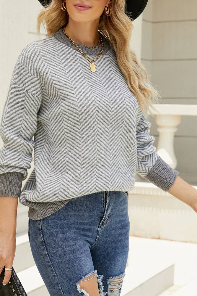 HUNTIQUE | Gray | Wave Striped Two Tone Pullover Knit Sweater