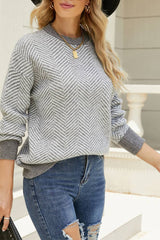 HUNTIQUE | Gray | Wave Striped Two Tone Pullover Knit Sweater