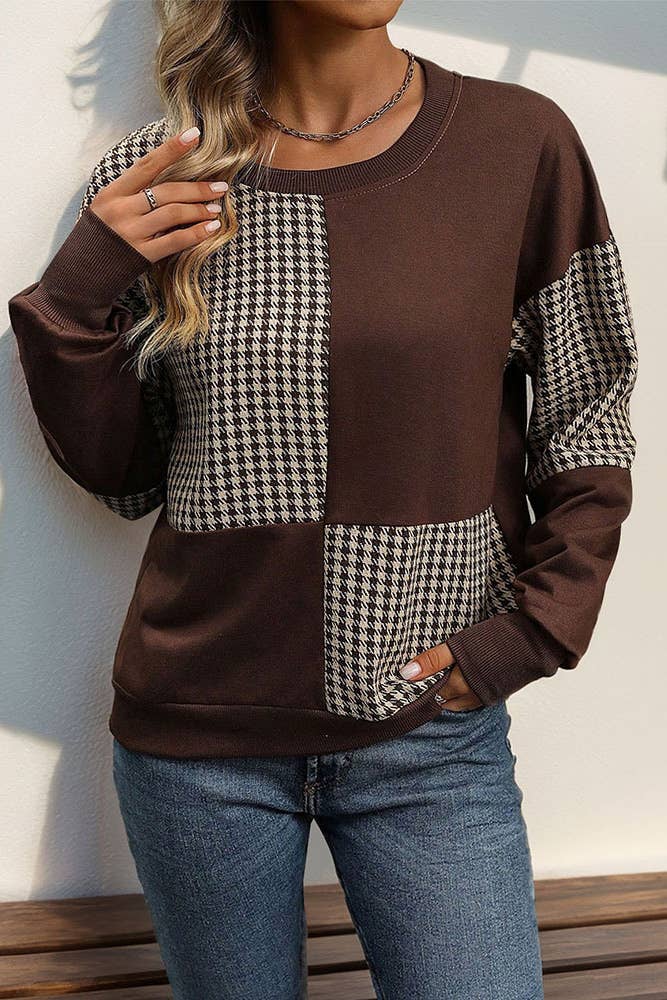 HUNTIQUE | Brown | Fall Houndstooth Knitting Top