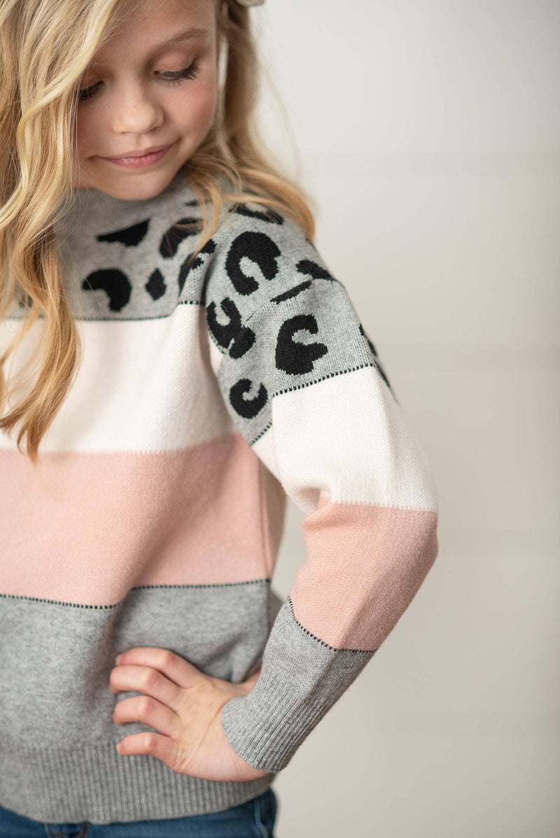 HUNTIQUE | Pink Gray Leopard Stripe | Crew Neck Sweater