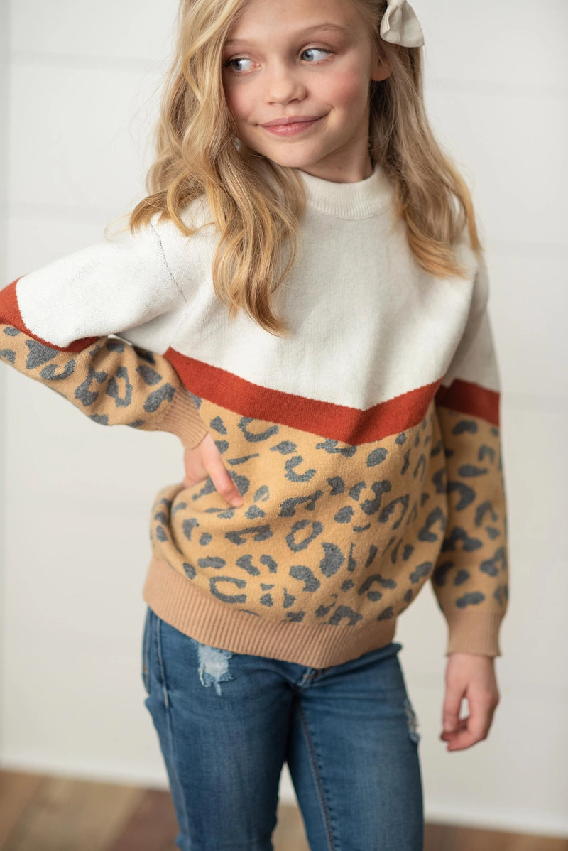 Kids Leopard & Rust V Color Block Fall Crew Neck Sweater