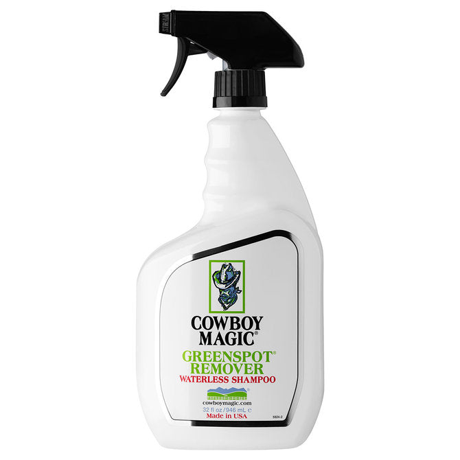 White plastic 16 oz spray bottle named cowboy magic greensot remover waterless shampoo